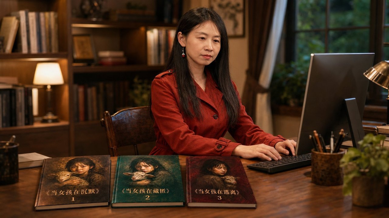 女作家在书房写作，桌上摆着创伤主题书籍 — A woman writer in her study with trauma-themed books