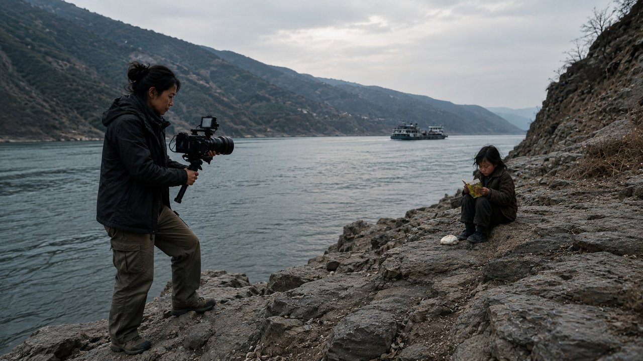 女导演在江边拍摄一个读书的孩子 — A woman director filming a reading child by the river